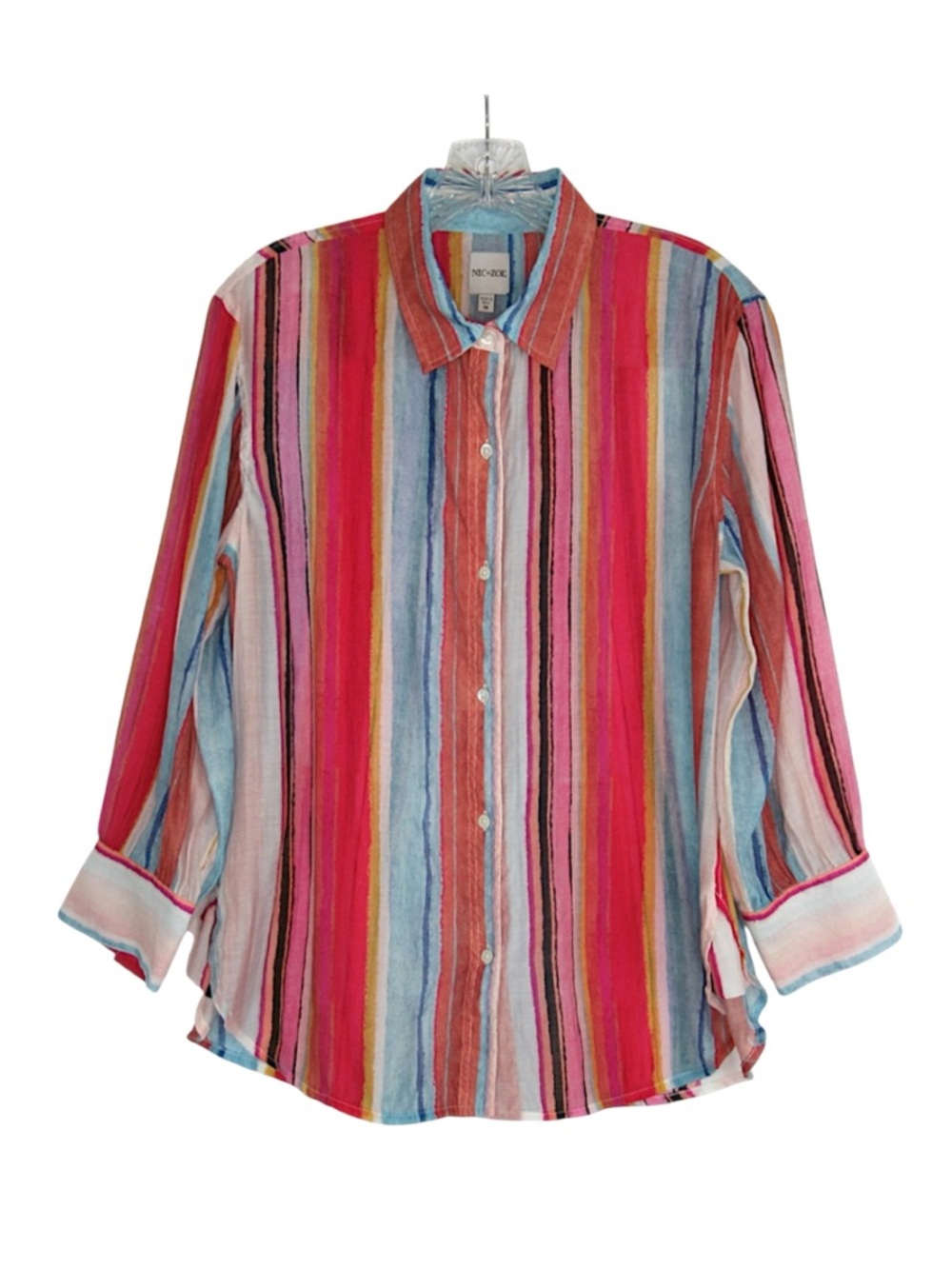 NIC+ZOE Horizon Breeze Multicolored Striped Button Front Shirt - Size Medium - Picture 4 of 11